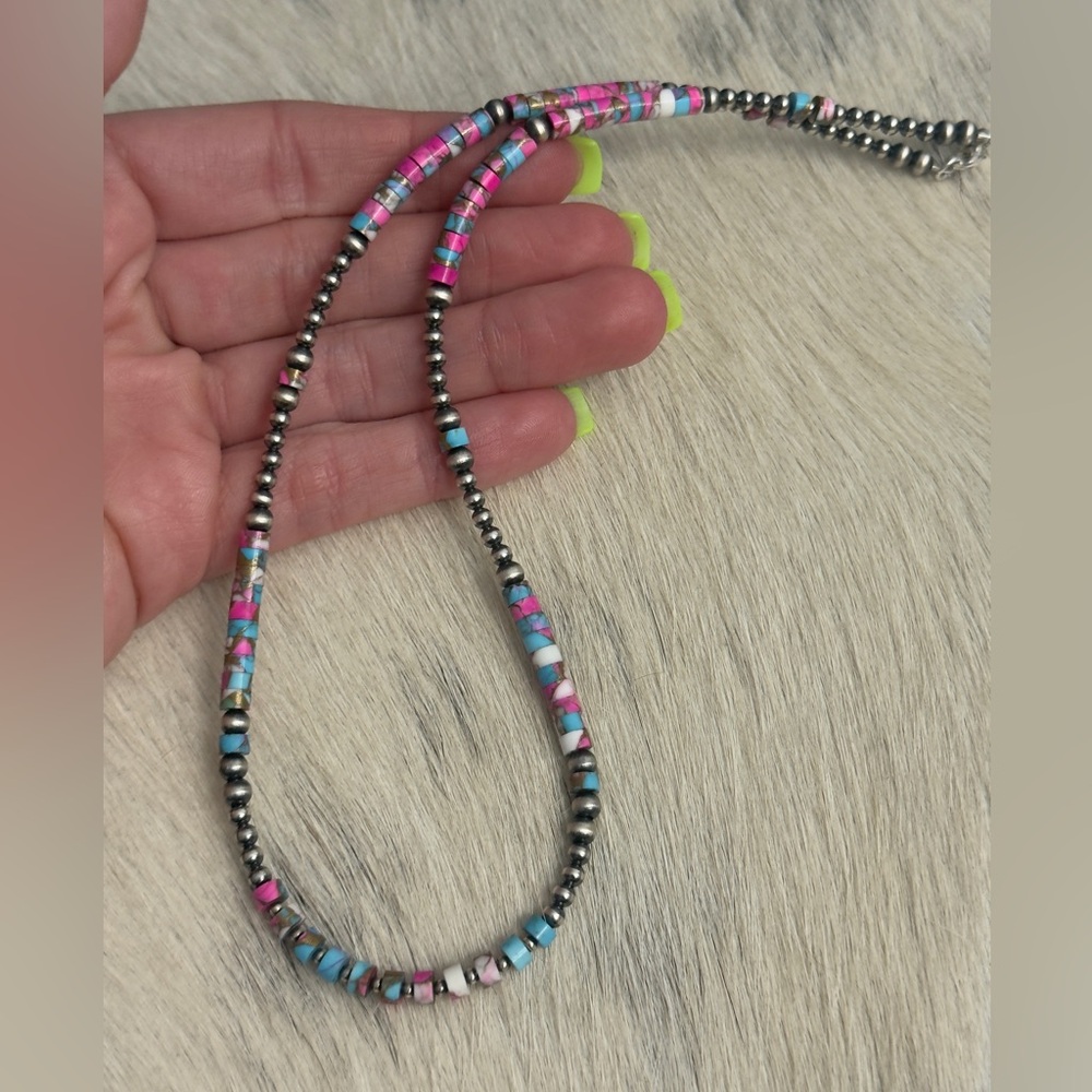 Navajo Pearl Sterling Silver Pink Blue Cotton Candy Dahlia Turquoise Necklace